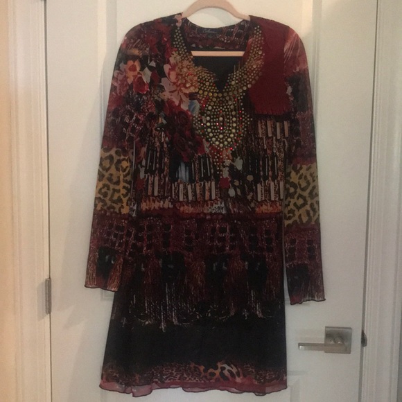 Calessa Red Printed Mesh Dress - Picture 4 of 8